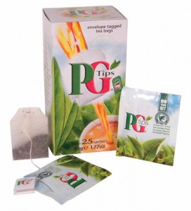 Box of 25 individually wrapped PG Tips tea bags. 
